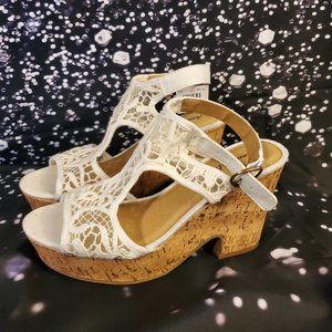White Lace Cork Wedges